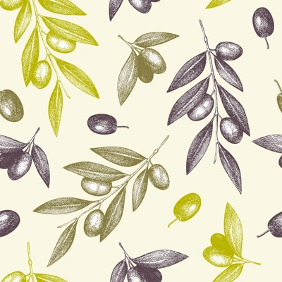 Olive seamless pattern. Healthy food background. Hand-drawn vector illustration. Olives branches, leaves and fruits sketches. Packaging, kitchen design. NOT AT generated